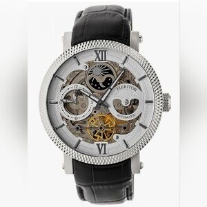 Brand New Heritor Automatic Aries Men`s Skeleton Black Leather Silver Watch NWOT